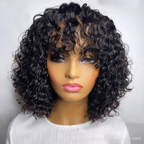 Wholesale human curly hair wig with bang short bob human hair wigs bang fringe wigs human hair